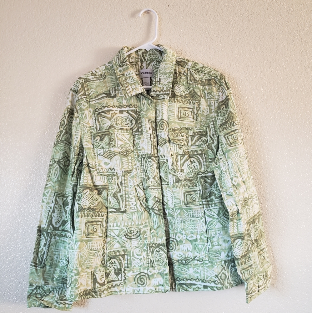 Chico's Green Retro Button Up Shirt in XL